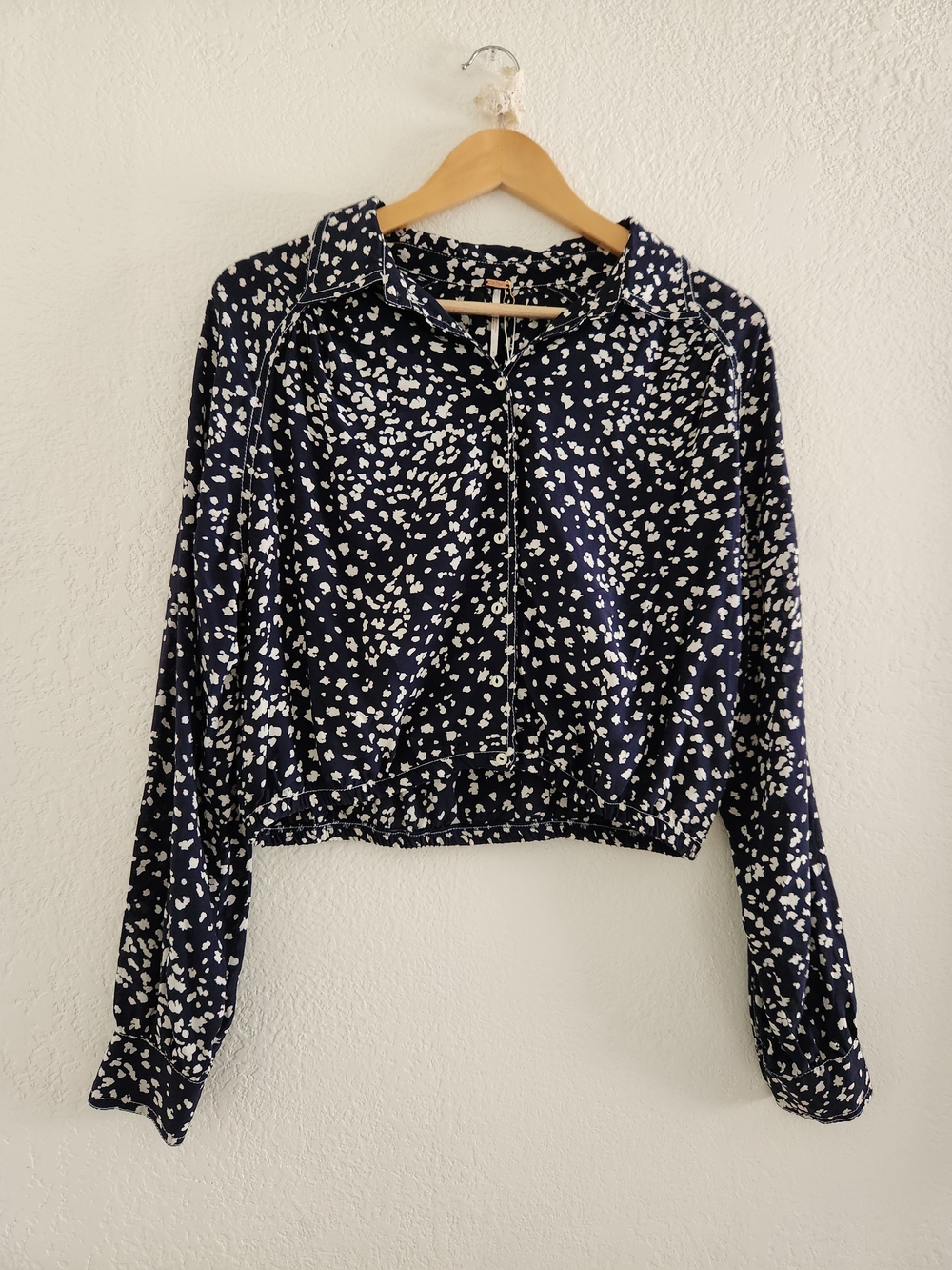 Free People Navy Blue Zip-Front Printed Collared Top